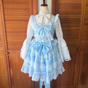 Sweet Lolita Alice in Wonderland Blue White JSK Shirt Petticoat Outfit Dress